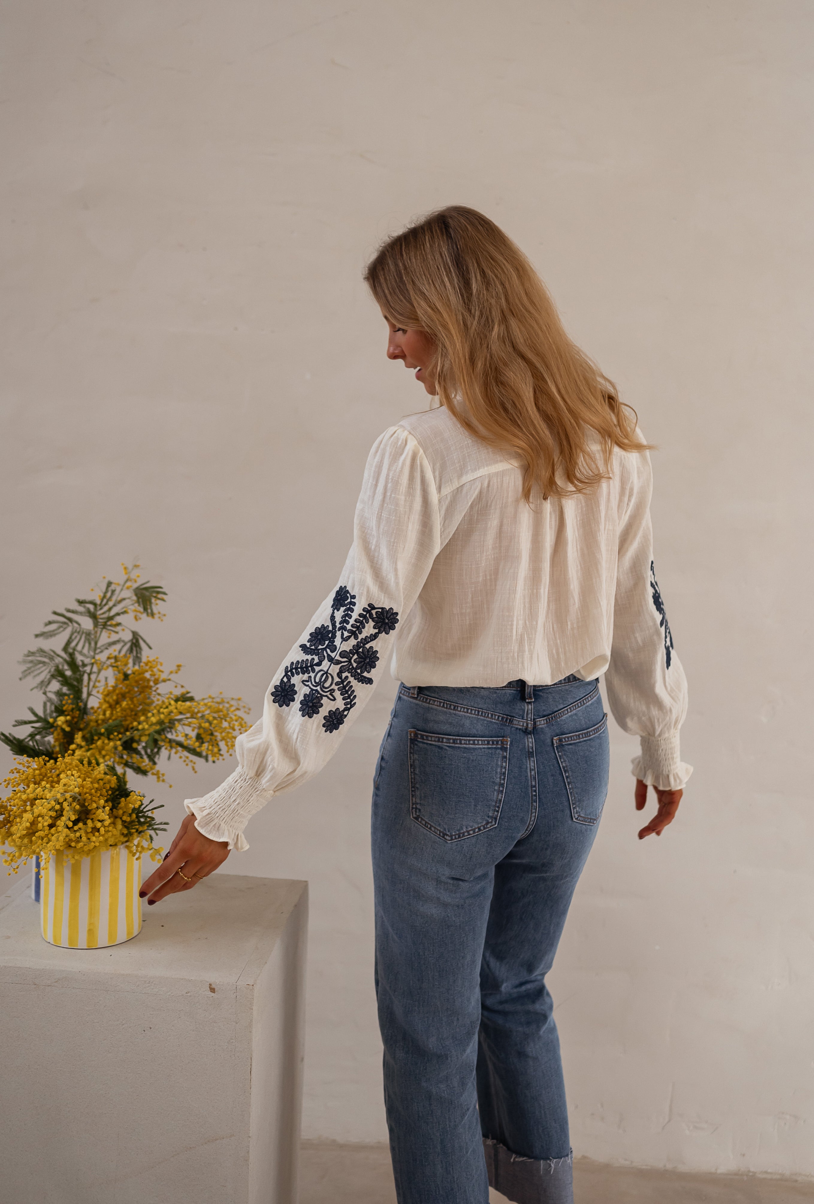 Ecru and Blue Embroidered Salome Blouse