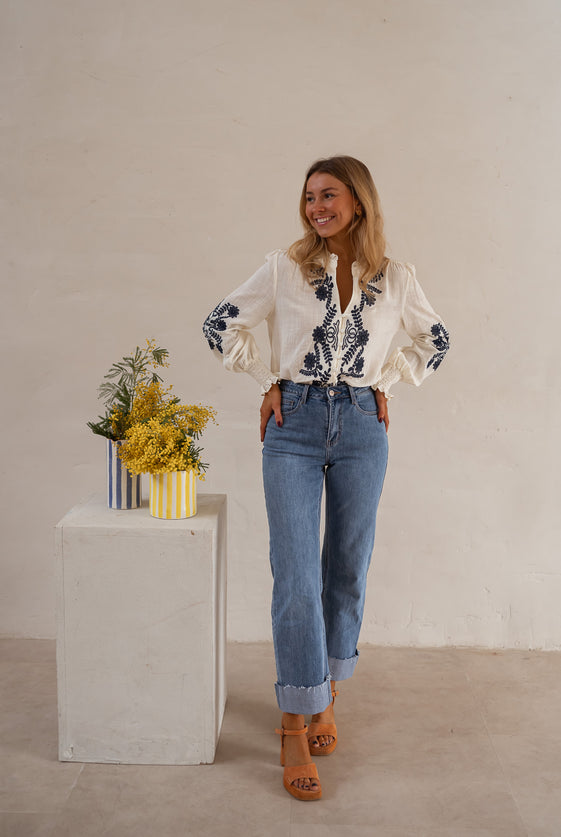 Ecru and Blue Embroidered Salome Blouse