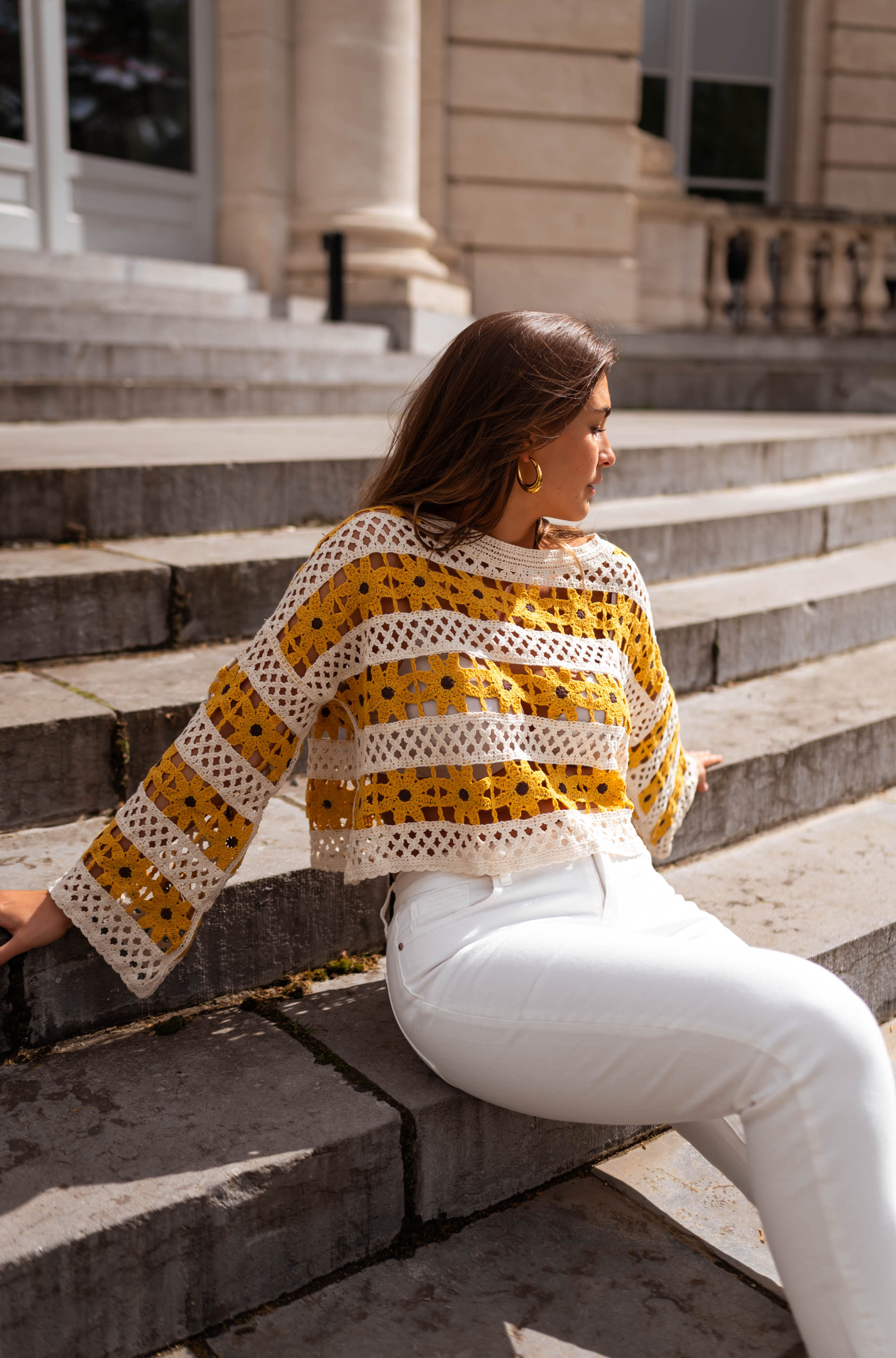 Ecru and Yellow Crochet Taylor Blouse