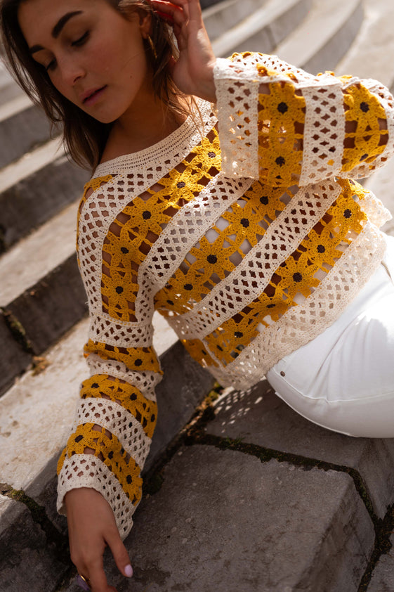 Ecru and Yellow Crochet Taylor Blouse