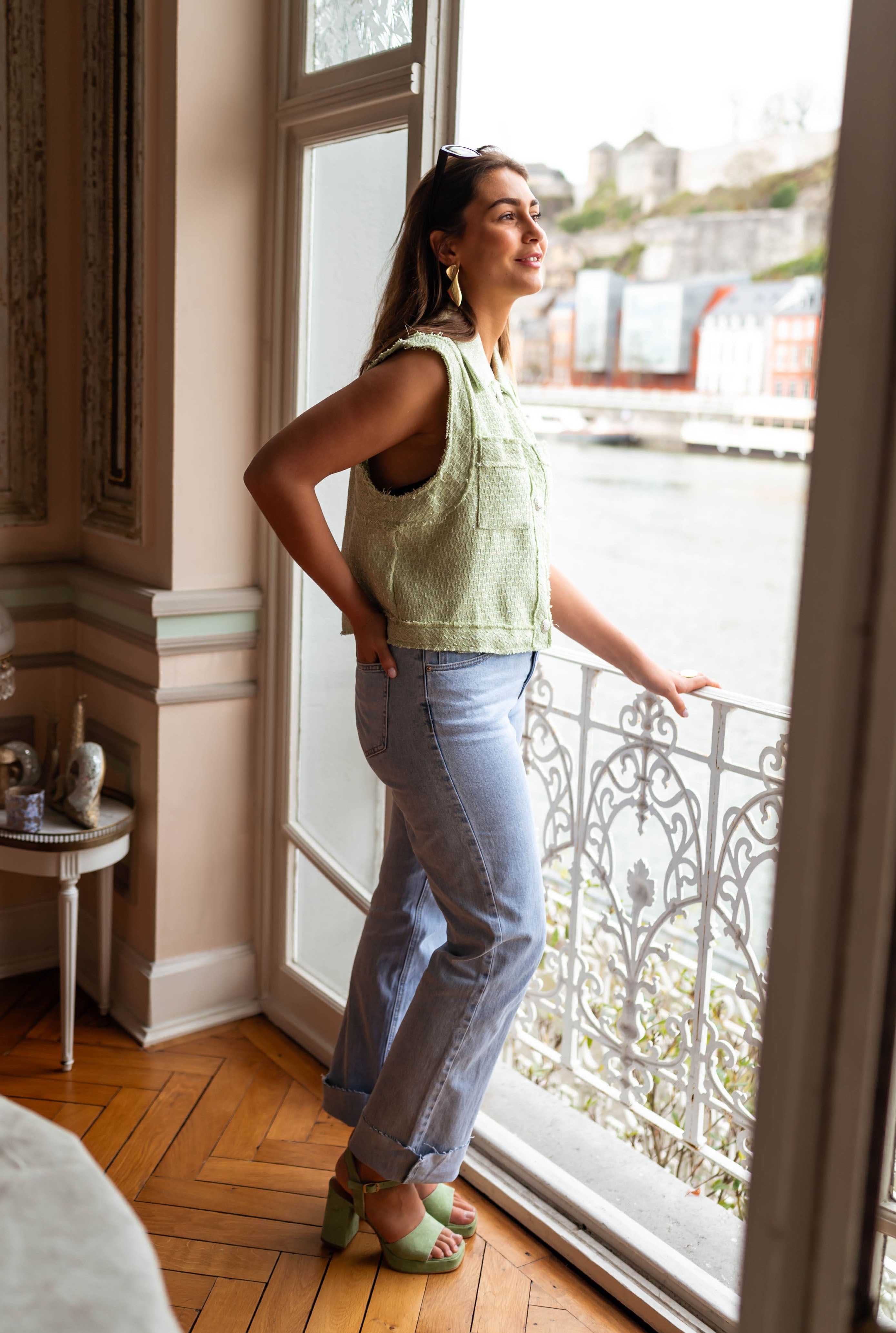 Sea Green Sleeveless Tweed Victoria Cardigan