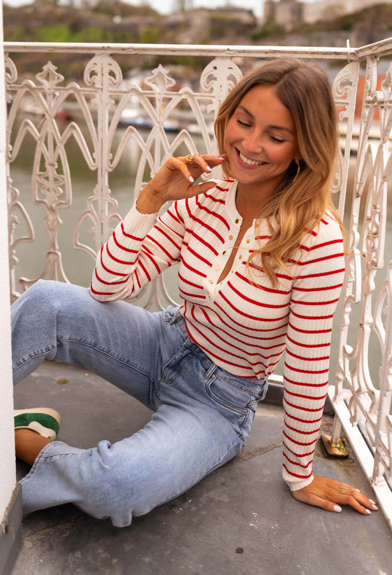 Ecru and Red Striped Volver Sweater