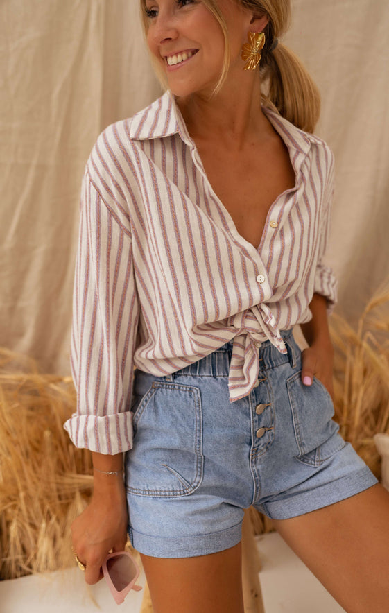 Beige and Pink Striped Linen-Effect Bertha Shirt