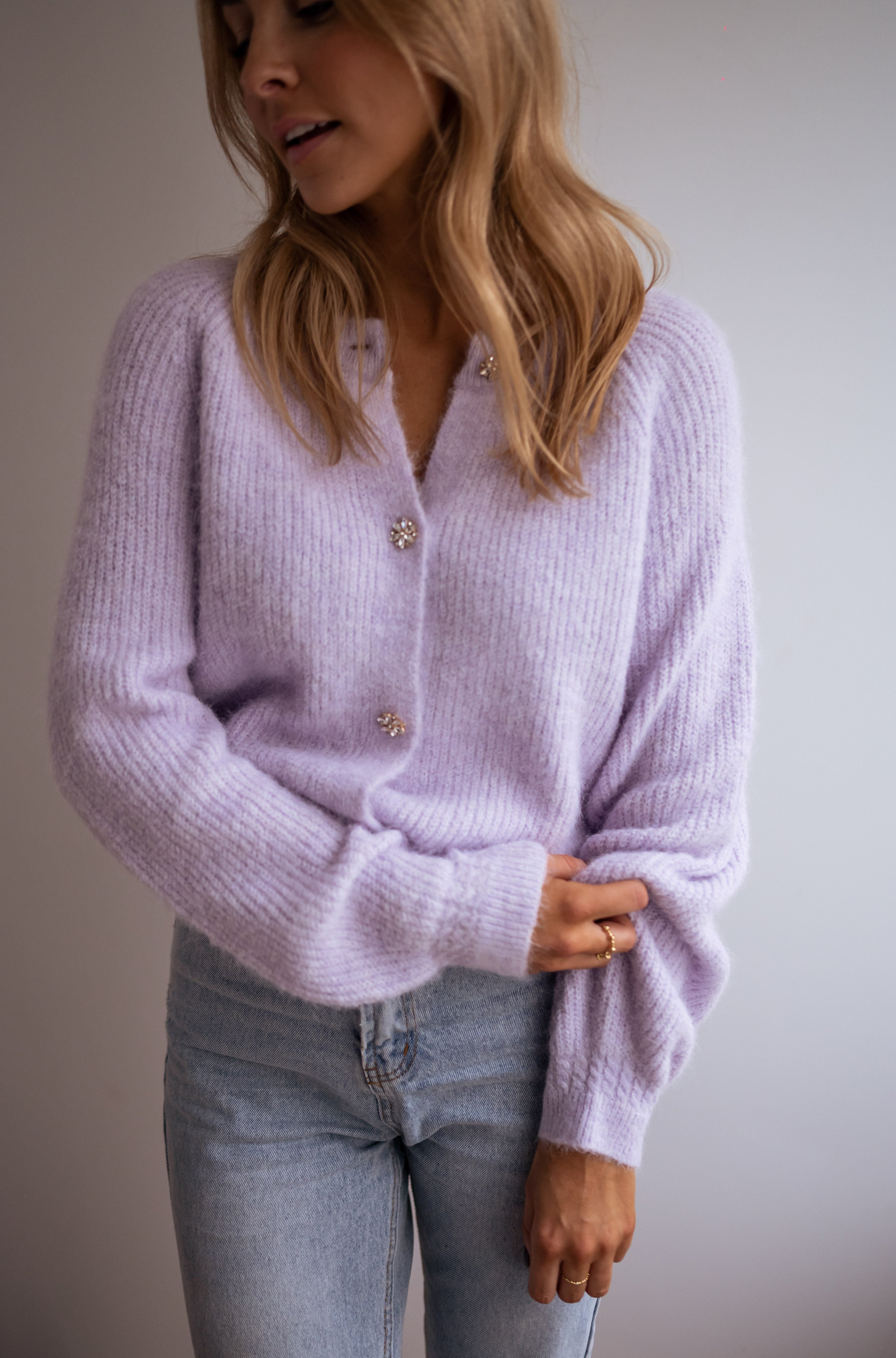 Lilac Isa Cardigan with Shiny Buttons