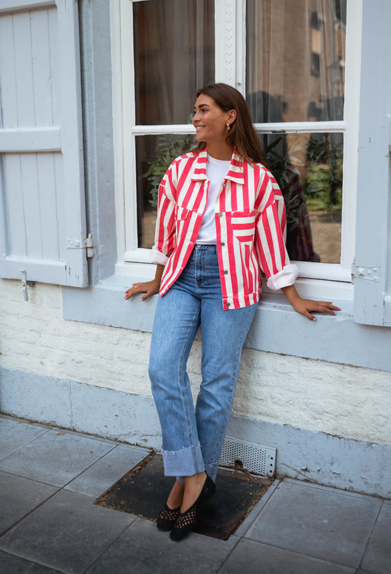 Striped Ecru and Coral Balya Jacket