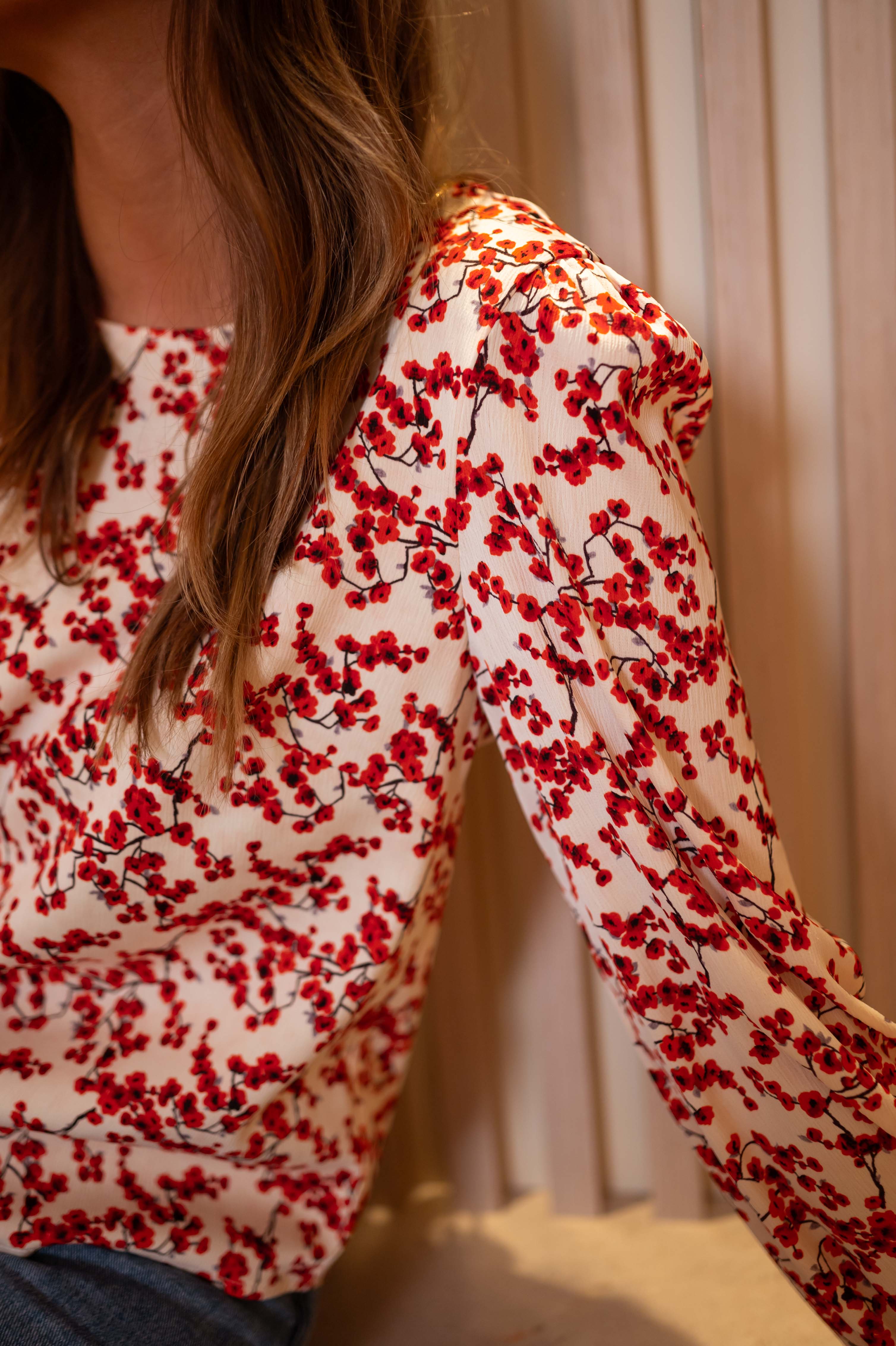 Ecru and Red Floral Alfred Blouse