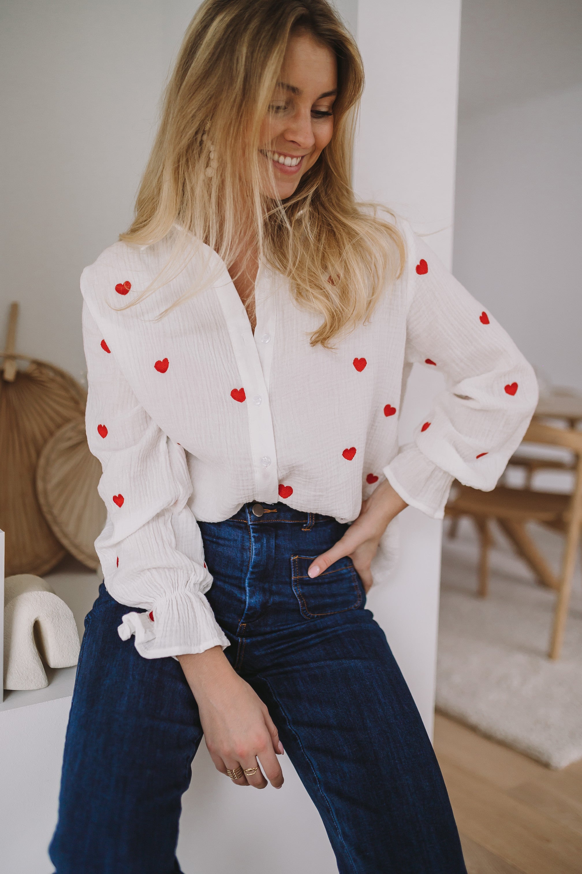 White Vicky Shirt with Red Hearts - Easy Clothes North America