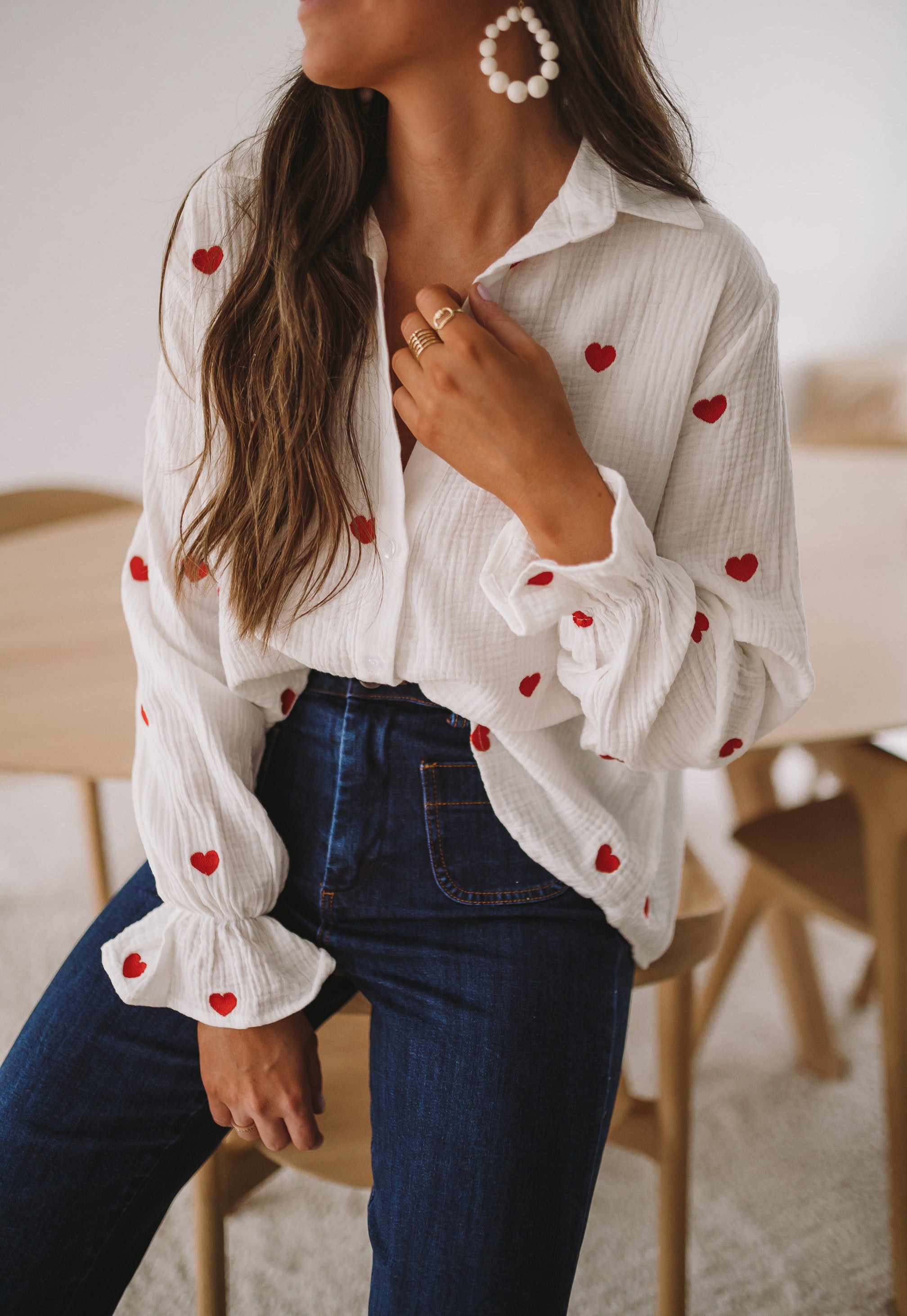 White Vicky Shirt with Red Hearts - Easy Clothes North America