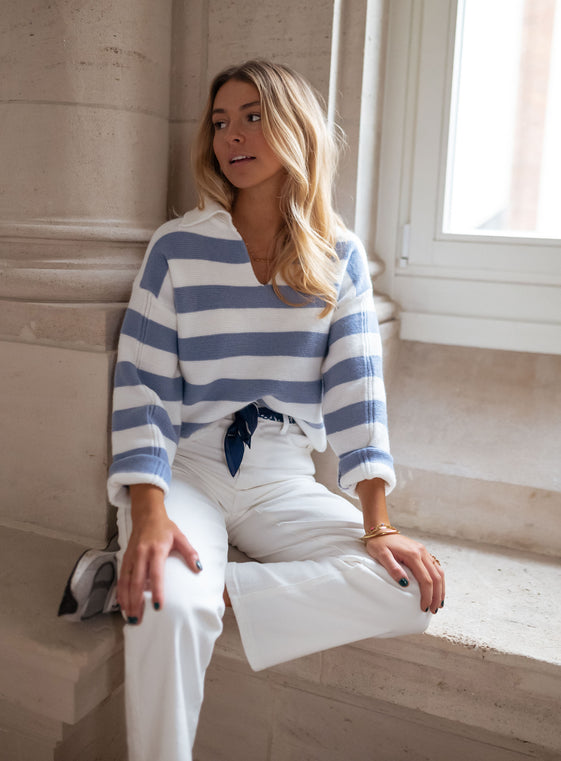 Blue And Ecru Conor Sweater With Lines