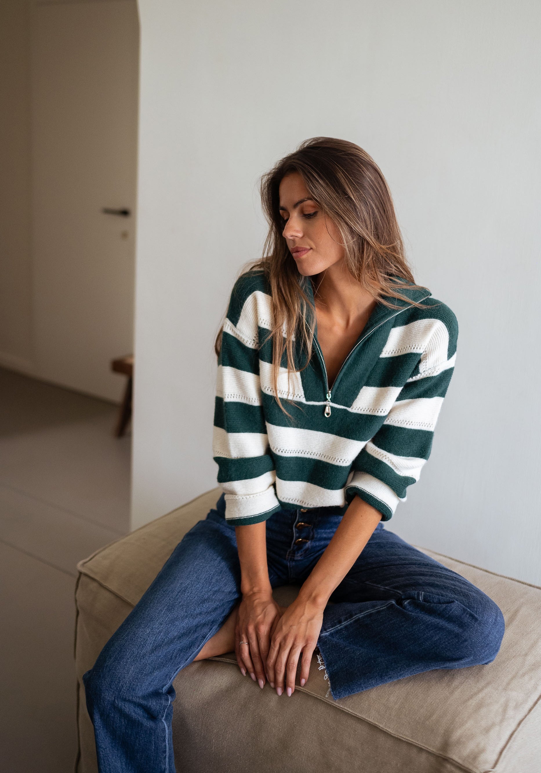 Green and Ecru Striped Laura Sweater