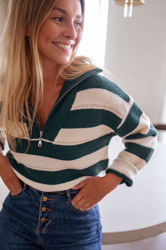 Green and Ecru Striped Laura Sweater