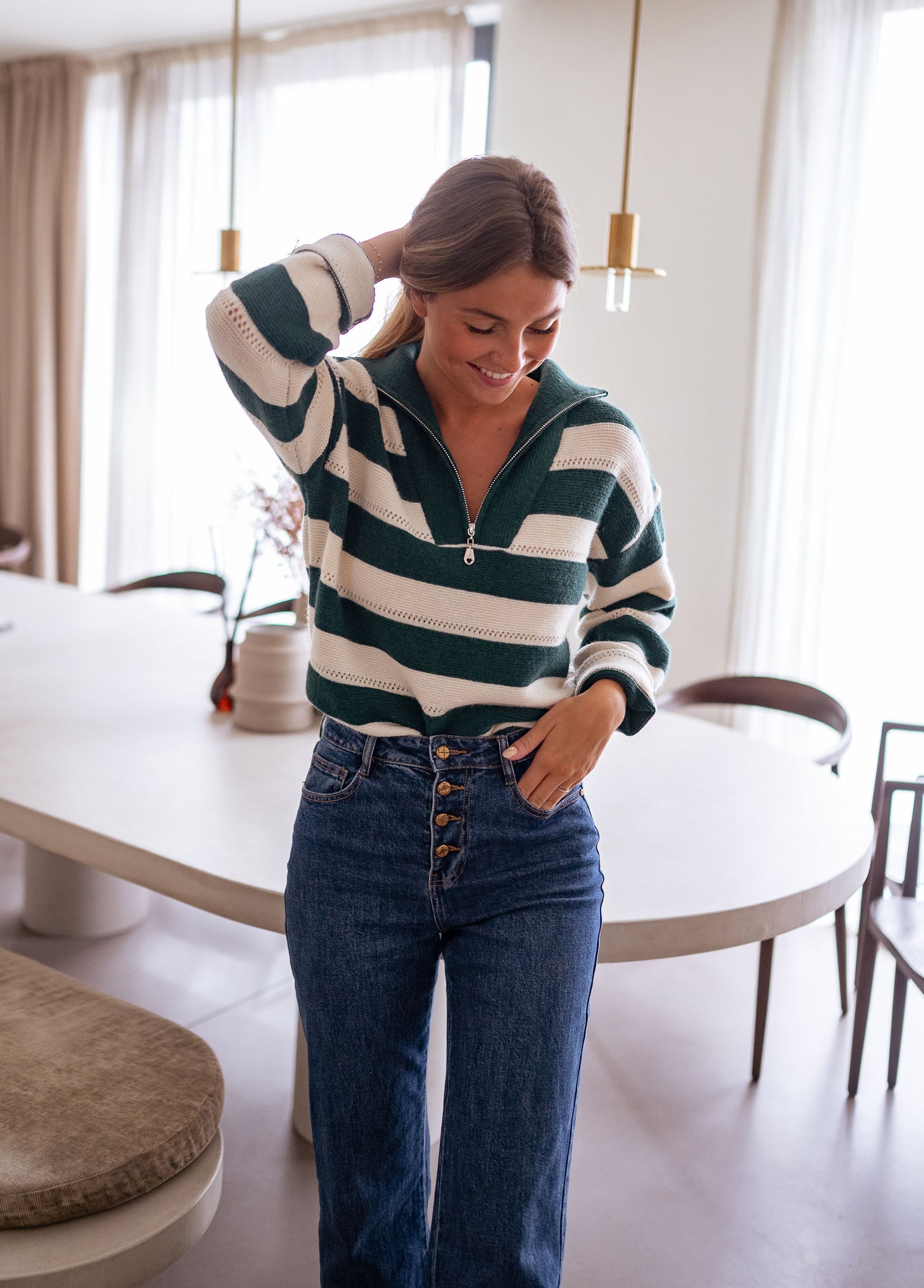 Green and Ecru Striped Laura Sweater